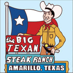 Logo of the Big Texan Steak Ranch with a cowboy and Texas flag on a light blue background