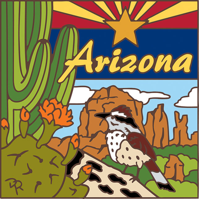 Arizona State Symbols Tile |  Ceramic Tile Kitchen Trivet | Southwest Desert Gift | Art with Saguaro, Cactus Wren, Arizona flag