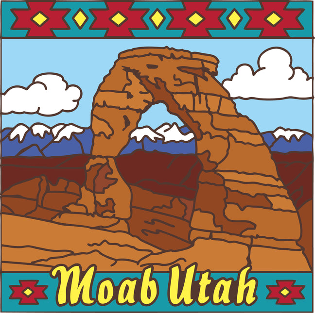 Illustration of a rock arch with mountains and clouds, featuring 'Moab Utah' text. Delicate Arch Moab Utah Ceramic Tile | Wall Decor or Kitchen Trivet | Utah Souvenir