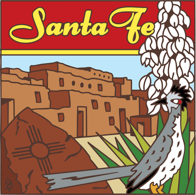 Illustration of a traditional New Mexican scene with adobe buildings, a road, and a roadrunner, featuring the word 'Santa Fe' at the top.
