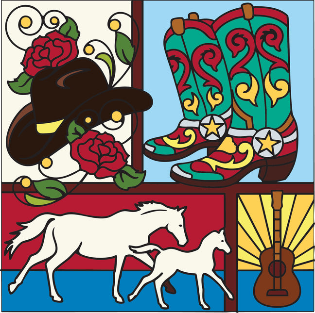Colorful illustration of a cowboy hat, boots, horses, and guitar on a decorative background.