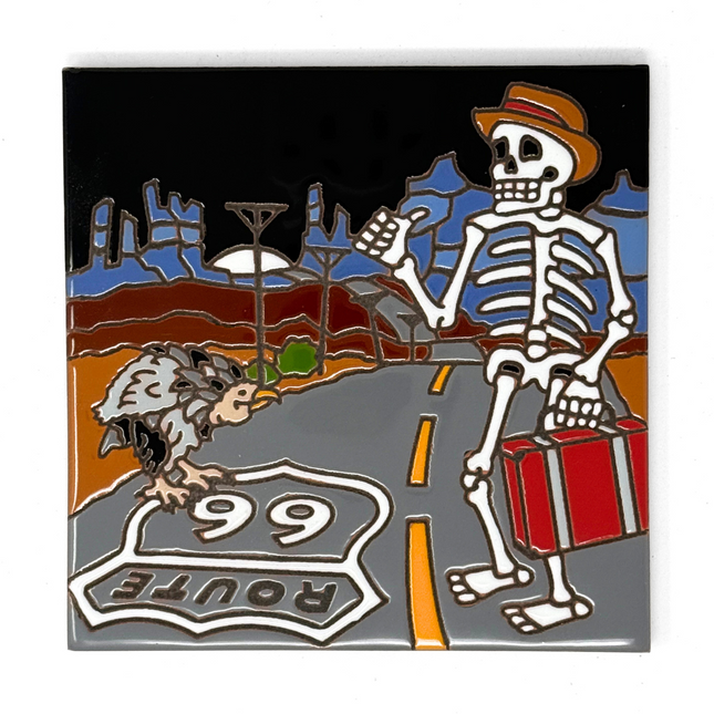 Day of the Dead Route 66 Hitchhiker - Earthtones Tile - Ceramic tile house sign, wall art gift or kitchen trivet