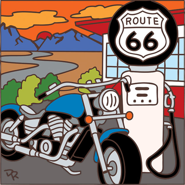 Motorcycle Gas Pump on Route 66 Sunset  - Ceramic Tile Trivet Art Gift | Travel Gift | Loose Ceramic Tile