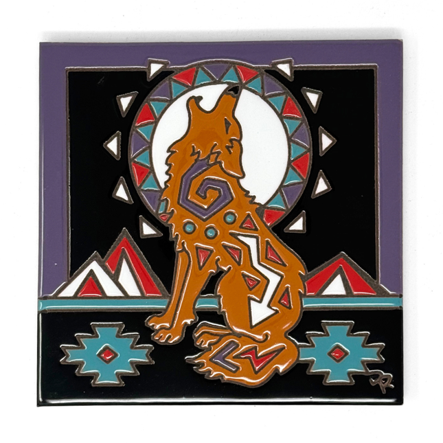 Southwest Howling Coyote - Earthtones Tile - Ceramic tile house sign, wall art gift or kitchen trivet