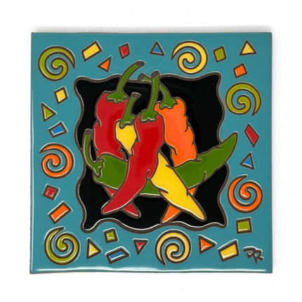 Festive Chilis - Earthtones Tile - Ceramic tile house sign, wall art gift or kitchen trivet