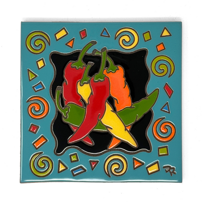 Festive Chilis - Earthtones Tile - Ceramic tile house sign, wall art gift or kitchen trivet