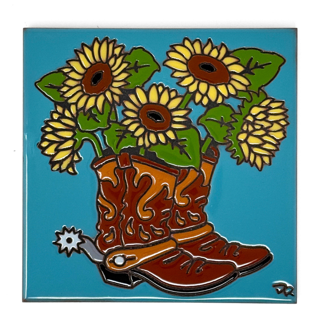 Cowboy Boots with Sunflowers Decorative Tile on Turquoise - Ceramic Tile Art Gift - Garden Gift