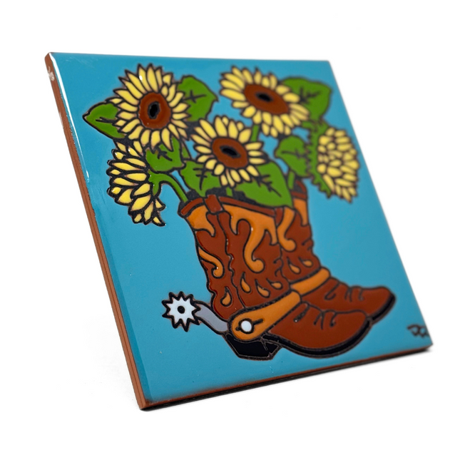 Cowboy Boots with Sunflowers Decorative Tile on Turquoise - Ceramic Tile Art Gift - Garden Gift
