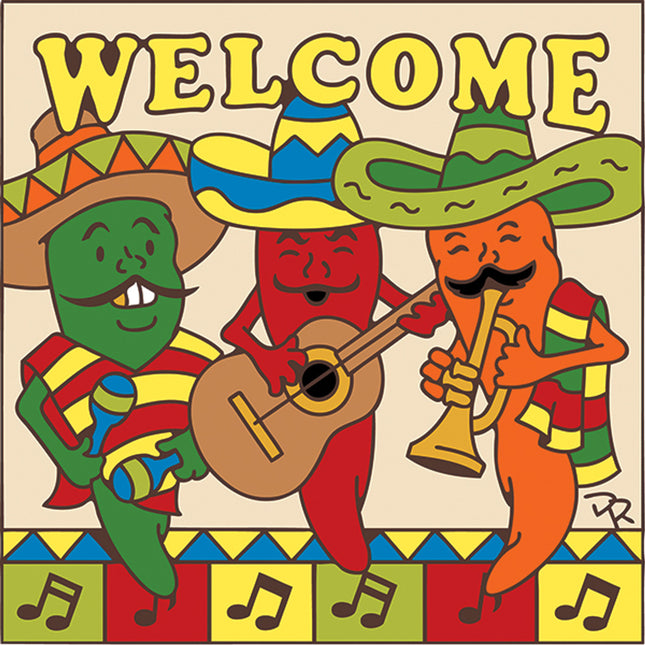 Mariachi Chili Peppers Welcome Plaque  - Southwest Arizona ceramic tile art trivet | Colorful and Unique Kitchen Gift for Music Lovers