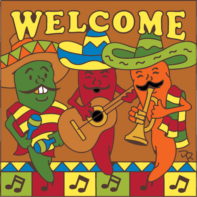 Mariachi Chili Peppers Welcome Plaque  - Southwest Arizona ceramic tile art trivet | Colorful and Unique Kitchen Gift for Music Lovers