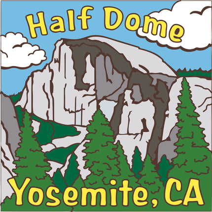 Illustration of Half Dome in Yosemite, CA with green trees and blue sky. Yosemite Half Dome Ceramic Tile | California Travel Gift for Hikers | Colorful Kitchen Trivet