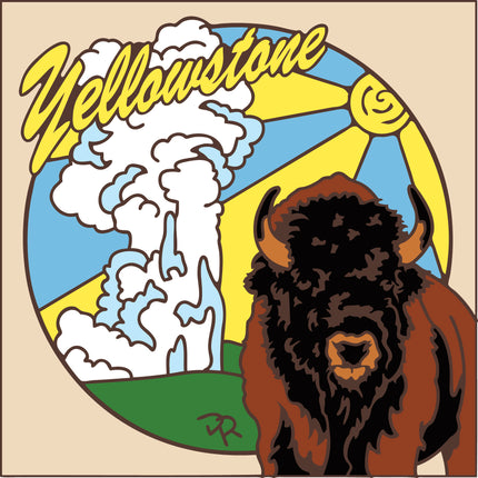 Illustration of a bison with 'Yellowstone' text and geysers in the background