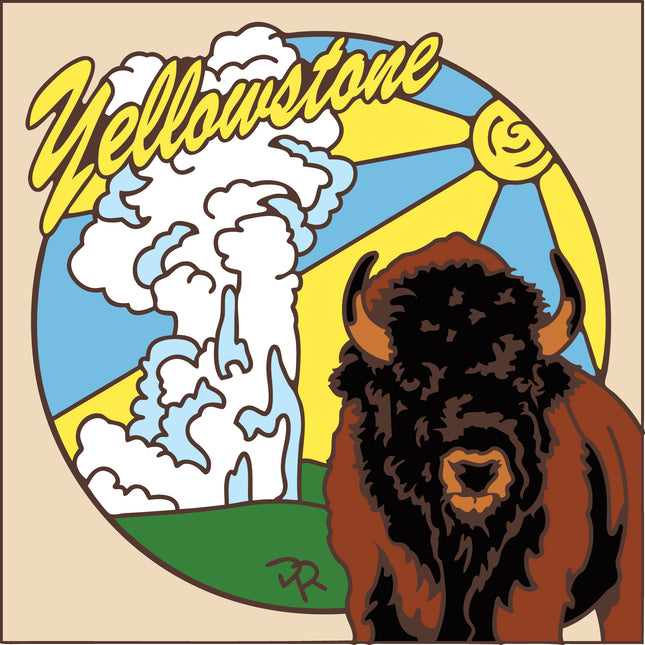 Illustration of a bison with 'Yellowstone' text and geysers in the background
