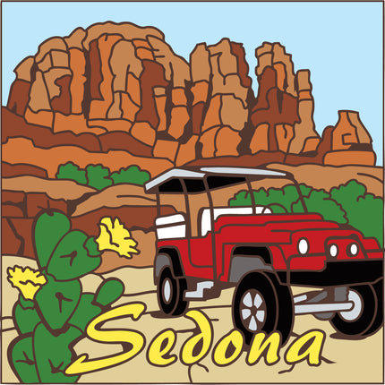Illustration of a red vehicle in a desert landscape with 'Sedona' text.