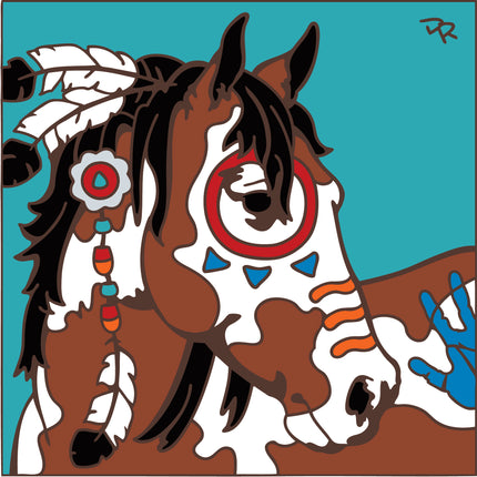Colorful illustration of a horse with decorative elements on a turquoise background