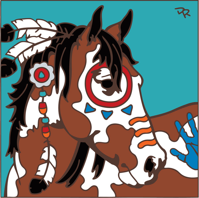 Colorful illustration of a horse with decorative elements on a turquoise background