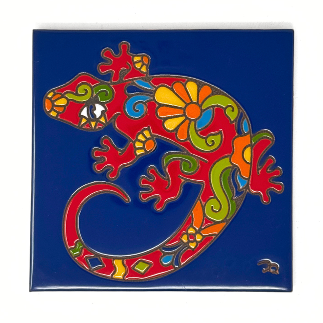 Talavera Lizard - Earthtones Tile - Ceramic tile house sign, wall art gift or kitchen trivet