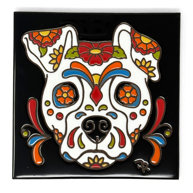 Day of the Dead Dog Sugar Skull - Earthtones Tile - Ceramic tile house sign, wall art gift or kitchen trivet