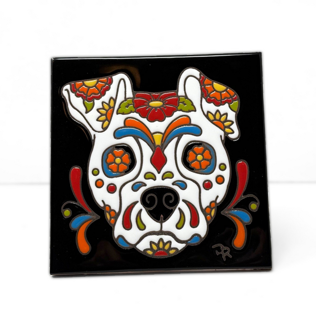 Day of the Dead Dog Sugar Skull - Earthtones Tile - Ceramic tile house sign, wall art gift or kitchen trivet