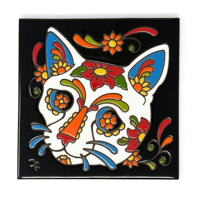 Day of the Dead Cat Sugar Skull - Earthtones Tile - Ceramic tile house sign, wall art gift or kitchen trivet