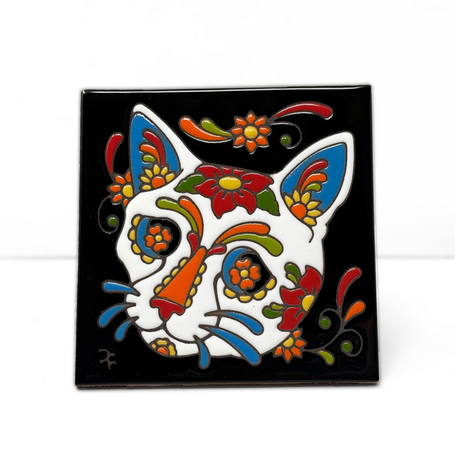 Day of the Dead Cat Sugar Skull - Earthtones Tile - Ceramic tile house sign, wall art gift or kitchen trivet