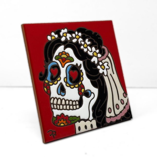 Day of the Dead Bride - Earthtones Tile - Ceramic tile house sign, wall art gift or kitchen trivet