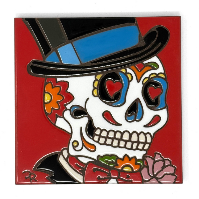 Day of the Dead Groom - Earthtones Tile - Ceramic tile house sign, wall art gift or kitchen trivet