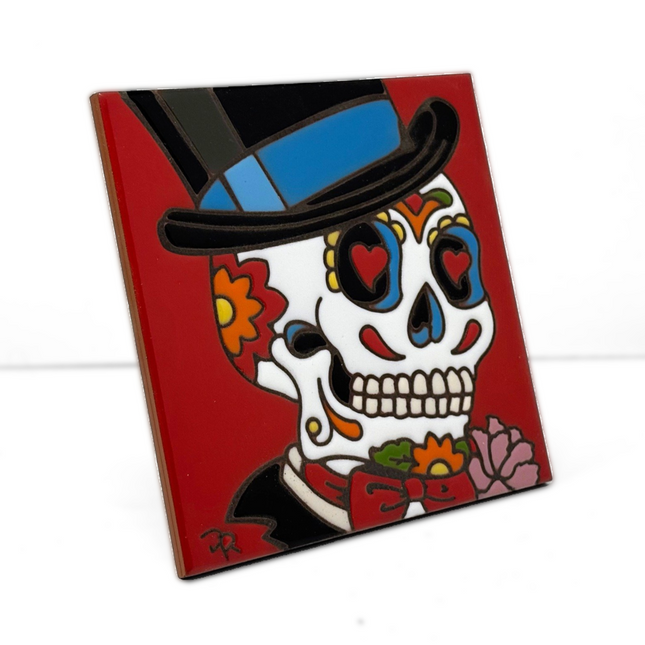 Day of the Dead Groom - Earthtones Tile - Ceramic tile house sign, wall art gift or kitchen trivet