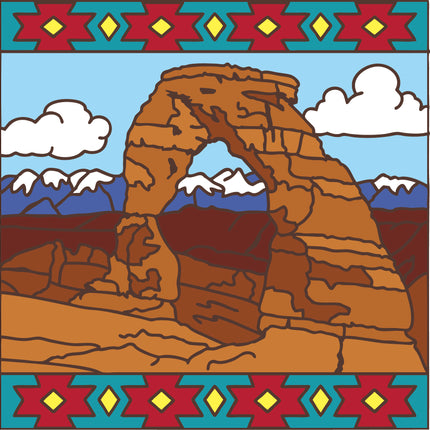 Colorful illustration of a rock arch with geometric patterns at the top and bottom