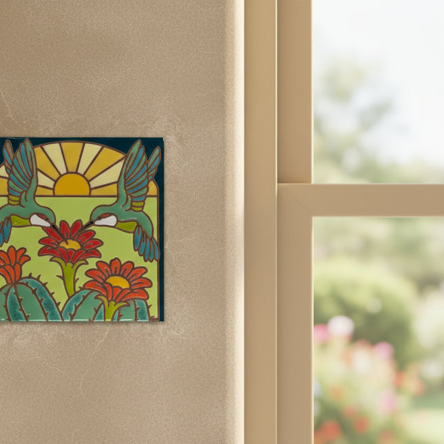 Decorative tile with birds, flowers, and a cactus on a beige background