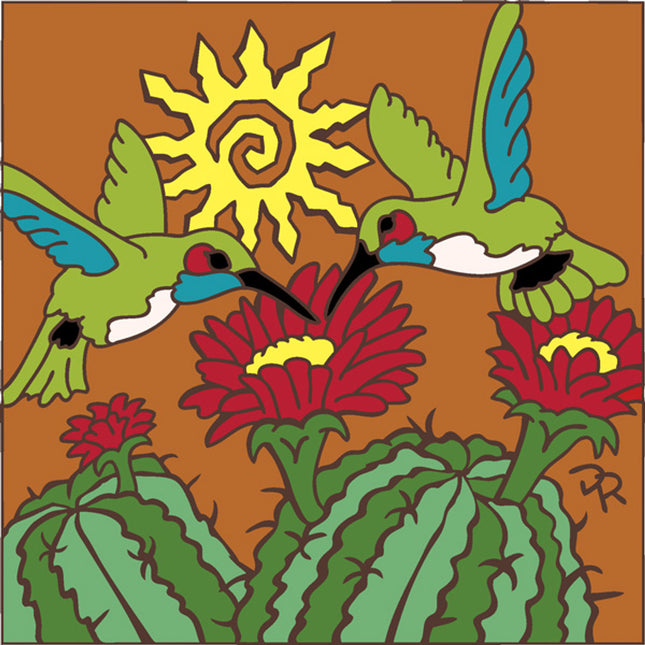 Hummingbird with Barrel Cactus - Southwestern Art - Arizona desert ceramic tile art gift - Kitchen Trivet
