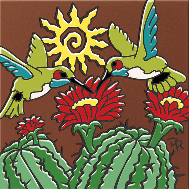 Hummingbird with Barrel Cactus - Southwestern Art - Arizona desert ceramic tile art gift - Kitchen Trivet