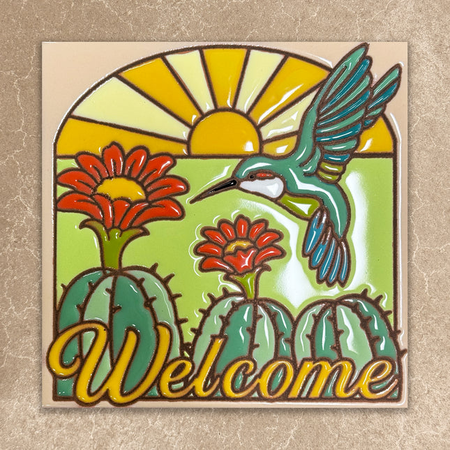 Welcome Hummingbirds with Barrel Cactus Tile (7859)