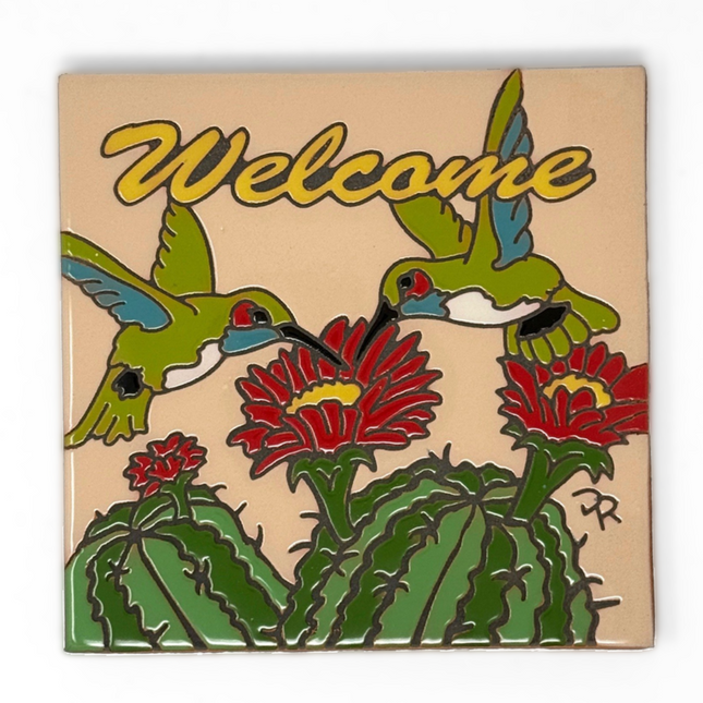 Welcome Hummingbirds with Barrel Cactus - Earthtones Tile - Ceramic tile house sign, wall art gift or kitchen trivet