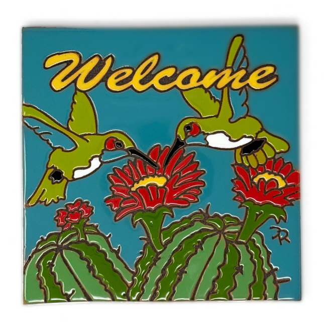 Welcome Hummingbirds with Barrel Cactus - Earthtones Tile - Ceramic tile house sign, wall art gift or kitchen trivet