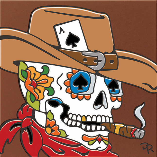 Day of the Dead Sugar Skull Cowboy Tile | Dia de los Muertos Art | Hand Glazed Tile Trivet | Southwestern Wall Decor | Kitchen Gift