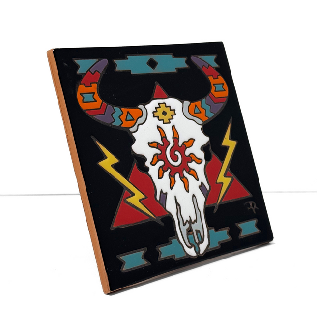 Southwest Skull - Earthtones Tile - Ceramic tile house sign, wall art gift or kitchen trivet
