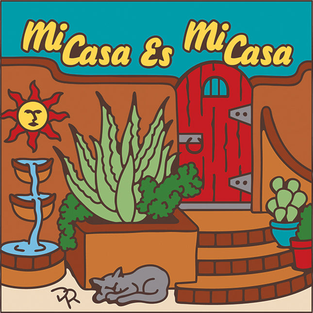  "Mi casa es mi casa" Cactus Garden Gate with Cat Welcome sign -  Ceramic Tile Welcome Plaque