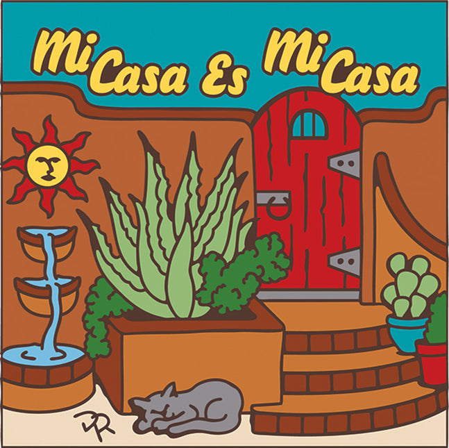  "Mi casa es mi casa" Cactus Garden Gate with Cat Welcome sign -  Ceramic Tile Welcome Plaque