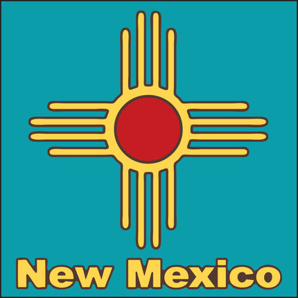 New Mexico state symbol with a red circle and yellow rays on a teal background