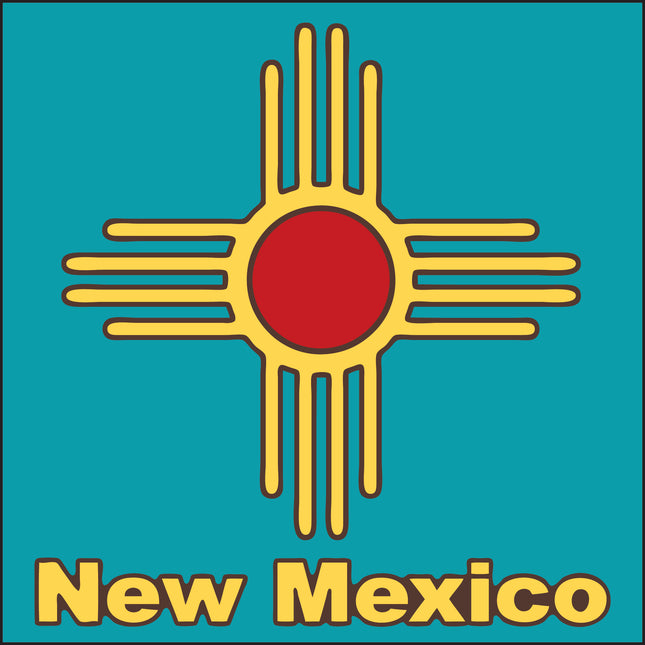 New Mexico state symbol with a red circle and yellow rays on a teal background