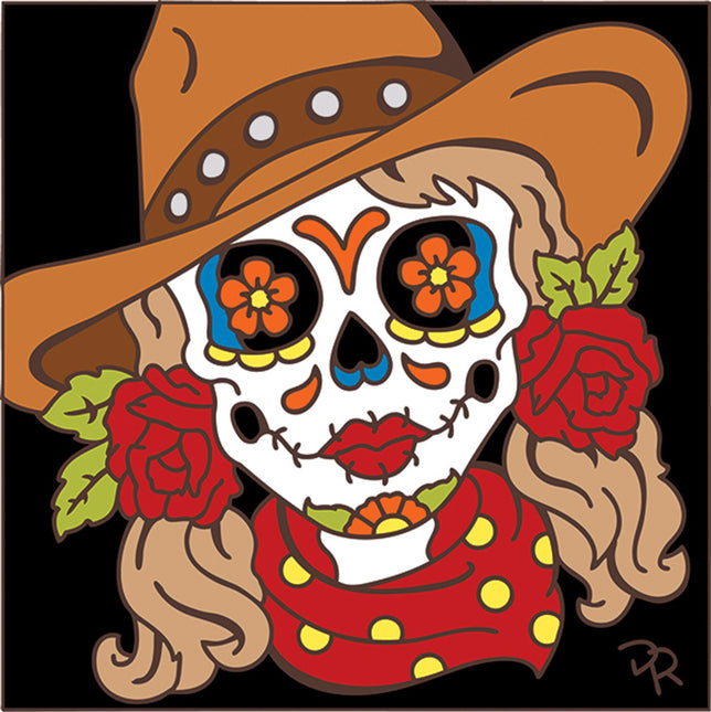 day of the dead ceramic tile with cowgirl in cowboy hat and rose earrings