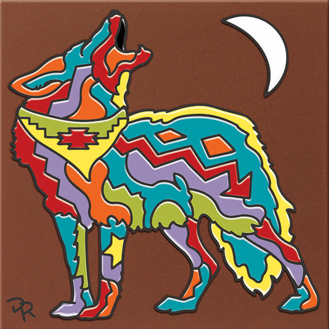 Southwest Coyote with moon | Arizona desert ceramic tile art gift | Southwest Nature Lover Gift 