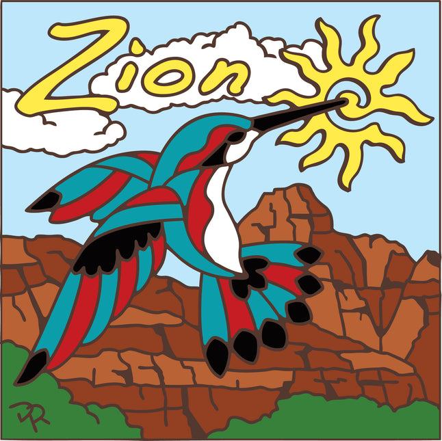 Colorful illustration of a hummingbird with 'Zion' text, sun, and mountains. Hummingbird Zion National Park Tile Art Trivet | Southwest Gift | Garden Bird Art Gift