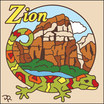 Colorful illustration of a lizard with Zion National Park in the background, Gecko Zion National Park Tile | Ceramic Art Trivet | Southwest Gift | Lizard & Gecko Art
