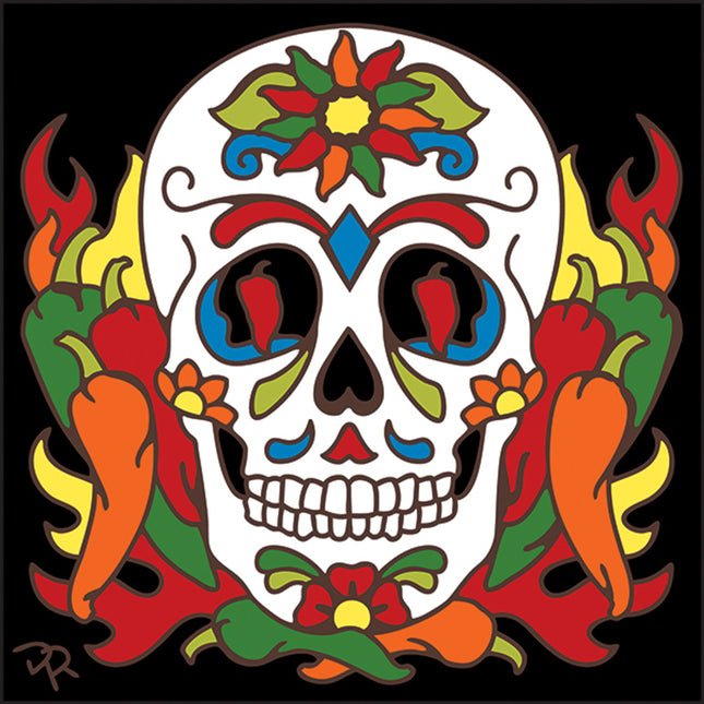 Day of the Dead Chilis Sugar Skull Tile | Dia de los Muertos Art | Hand Glazed Tile Trivet | Southwestern Wall Decor | Kitchen Gift