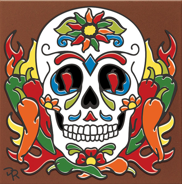 Day of the Dead Chilis Sugar Skull Tile | Dia de los Muertos Art | Hand Glazed Tile Trivet | Southwestern Wall Decor | Kitchen Gift