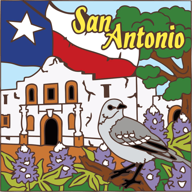 Illustration of San Antonio with a building, bird, and Texas flag. Alamo San Antonio, TX Tile | Hand-Glazed Ceramic Art | Texas Souvenir