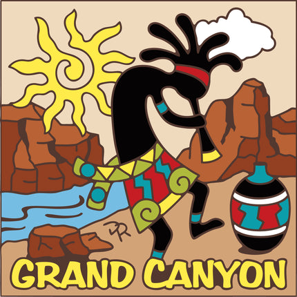 Illustration of a Native American figure with the Grand Canyon in the background, Grand Canyon Kokopelli Tile | Ceramic Art Trivet | Southwest Gift | Arizona Art