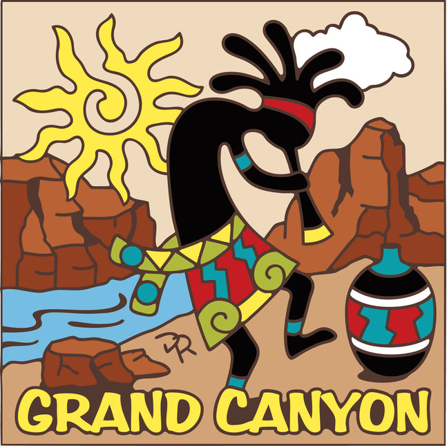 Illustration of a Native American figure with the Grand Canyon in the background, Grand Canyon Kokopelli Tile | Ceramic Art Trivet | Southwest Gift | Arizona Art